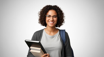 A smiling young woman with curly hair and glasses holds books and a tablet while wearing a backpack. Perfect for education, learning, student life, and academic content themes.