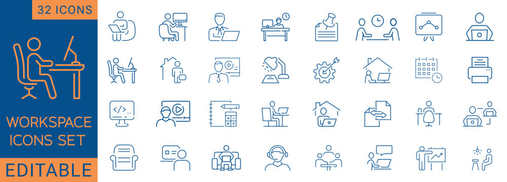 Minimal workspace icon set featuring 32 editable line-style office, teamwork, remote work, productivity, and meeting icons.