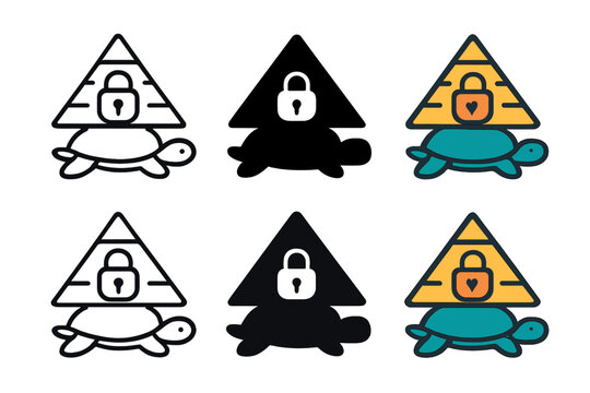 Turtle Pyramid Iconography. Pyramid resting on a turtle&rsquo;s back with a padlock emblem in the center, simple clean vector icons,