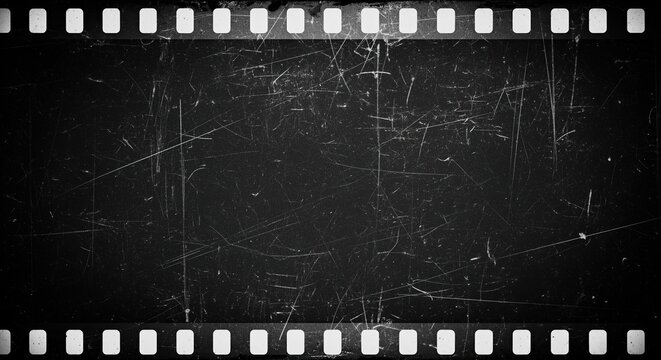 Black and white film strip frame with scratched texture and grain. Dark grunge background with vintage worn effect. Perfect for retro movie projects, photo borders, and creative designs.