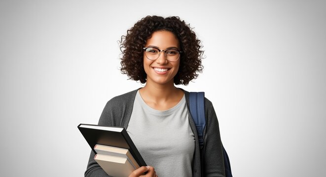 A smiling young woman with curly hair and glasses holds books and a tablet while wearing a backpack. Perfect for education, learning, student life, and academic content themes.