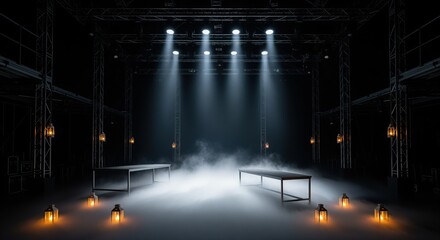Empty stage with dramatic lighting and fog effects creates a moody atmosphere. Metal scaffolding frames the scene with warm lanterns placed along the front. Perfect for theater productions or events.