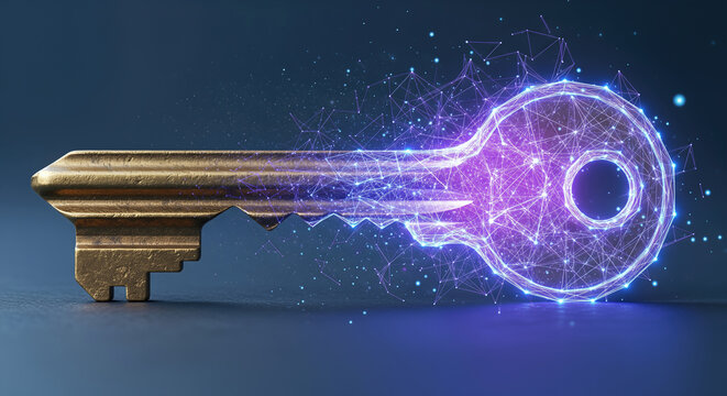 A golden key transforming into a digital purple plexus network representing the concept of cybersecurity and access