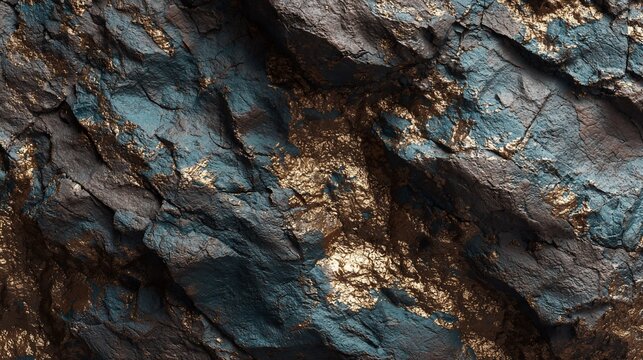 Textured rock face with gold and blue metallic highlights, rugged surface