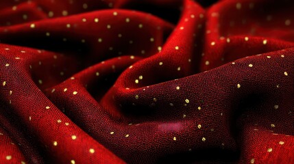 Luxurious Red Fabric with Gold Polka Dots Close up Macro Detail Soft Waves and Folds