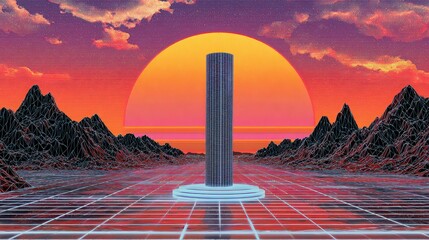 Pixelated Retro SciFi Landscape with Tower and Sunset Sky Over Mountains