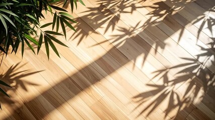 Bamboo Leaves Shadow on Wooden Floor, Sunlight. - Powered by Adobe