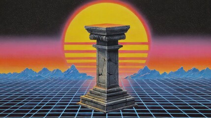 Retro Pixel Art Pedestal On Grid Landscape With Sunset And Stars