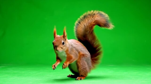 A curious red squirrel with a bushy tail captured in motion against a vibrant green background