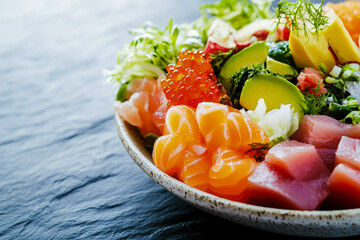 Fusion Sushi Tiradito Platter with Peruvian Garnish on Stone