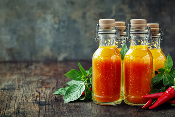 Vibrant Red Fermented Hot Sauce in Glass Bottles on Dark Wood