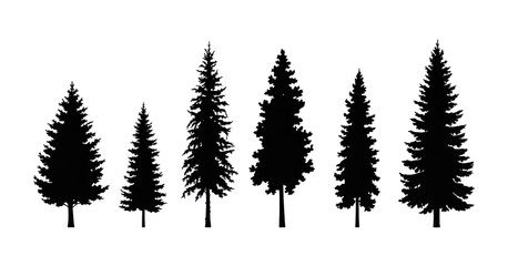 Obraz premium Set of tree silhouettes of different types and shapes isolated on white background. Illustration. 
