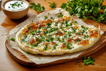 Fresh Khachapuri Scattered with Herbs on Rustic Wooden Table