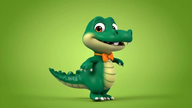 Cute cartoon alligator character with a bow tie, smiling with joy and happiness against a vibrant green background