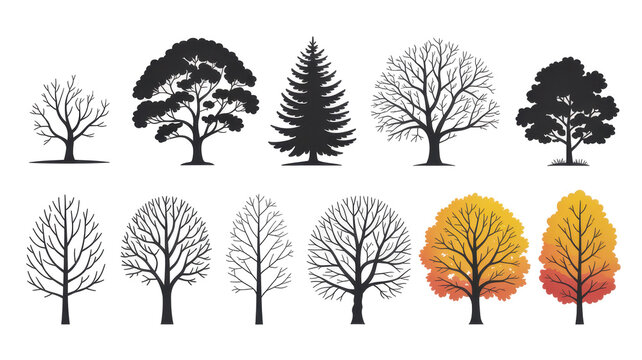 Collection of silhouettes of trees of different species on white background. Hyperdetailed. UHD. super detailed 
