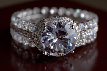 Shiny silver ring with a large clear stone and small diamonds on a dark wooden surface