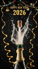Naklejka premium Champagne bottle with cork popping, sparkling wine splashing, festive decorations, and New Year 2026 text. Celebratory atmosphere for Christmas and New Year.