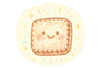 Joyful Handmade Art. A cheerful "handmade product" with a smiling face and glowing digital aura, soft pastel doodle style, No text