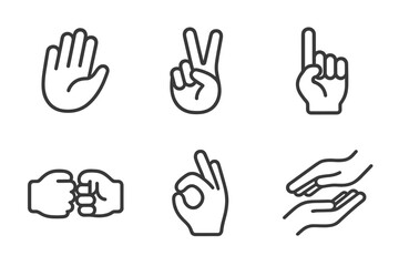 Fototapeta premium Gesture Line Icons. Line style icons of Simple Movements: wave, peace sign, pointing up, fist bump, ok gesture, soft touch. No