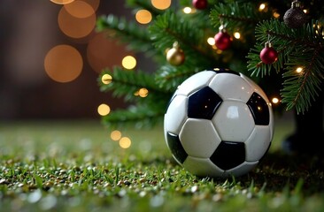 Football under Christmas tree. New Year's advertising banner for store selling sporting goods. Poster for football match. Bokeh background. Space for text.