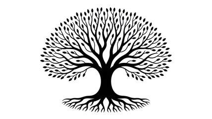 Graceful black tree silhouette with flowing roots, isolated on a white background for modern and stylish vector illustrations. 
