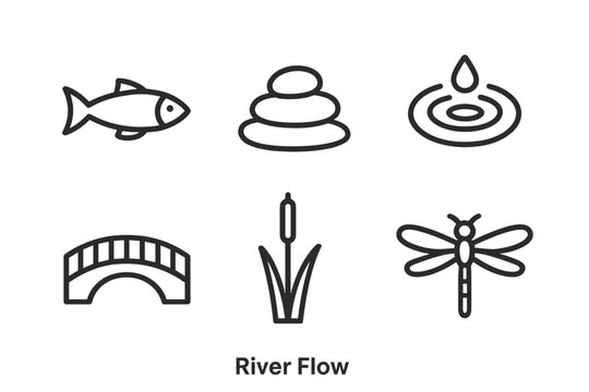 River Flow Icons. Line style icons of River Flow: fish, pebble, water ripple, bridge, cattail, dragonfly. No text, No labels,