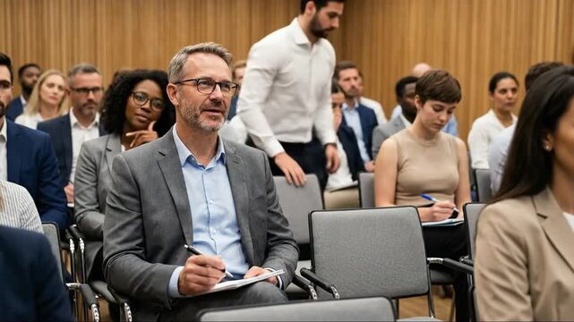 Diverse Business Professionals Engaged in a Corporate Seminar, Taking Notes and Actively Listening to a Presentation