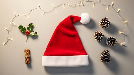 Classic Christmas Santa Hat Surrounded by Festive Decorations and Lights