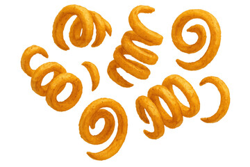 Golden crispy curly fries falling, a tasty deep fried snack food, delicious junk food on transparent background