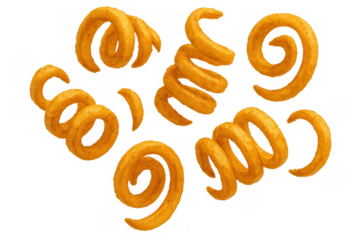 Golden crispy curly fries falling, a tasty deep fried snack food, delicious junk food on transparent background