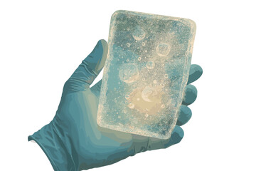 Glowing Ice Discovery. a scientist’s gloved hand holding a transparent ice segment glowing with trapped air bubbles, soft azure