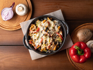 baked potatoes with tomatoes, mashed potatoes with vegetables, photo for restaurant menu