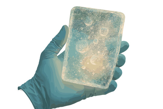 Glowing Ice Discovery. a scientist’s gloved hand holding a transparent ice segment glowing with trapped air bubbles, soft azure