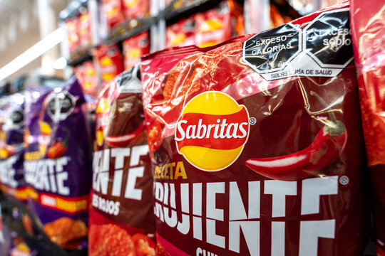 Sabritas chips bags on a Walmart shelf. PepsiCo brand, originated in Mexico (founded in 1943). Jalisco, Mexico, December 4, 2025. frito Lays