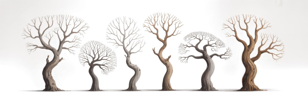 dead trees or dry tree collection isolated on white background. 
