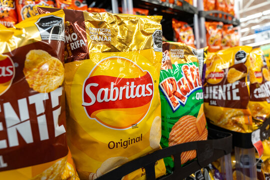 Sabritas  chips bags on a Walmart shelf. PepsiCo brand, originated in Mexico (founded in 1943). Jalisco, Mexico, December 4, 2025. frito Lays