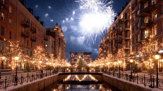 Festive urban cityscape at night with dazzling fireworks reflecting on a canal, decorated with holiday string lights during a winter celebration.