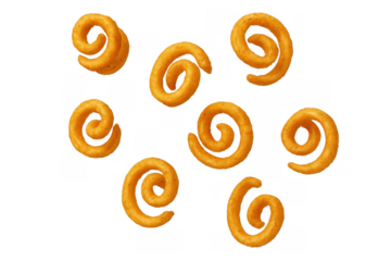 Golden curly fries tumbling, crispy potato snack, delicious fast food appetizer, junk food on transparent background