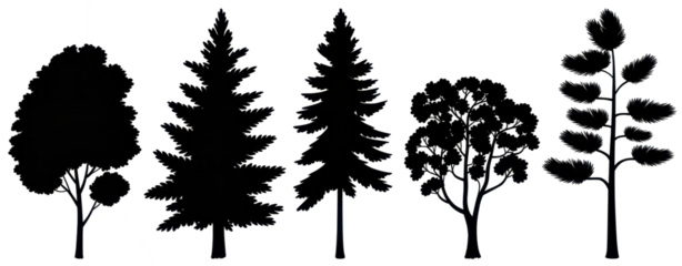 Realistic trees in black and white color, nature park silhouette icons. Different trees and shrubs of coniferous and deciduous forest with grass meadows. png on transparent background