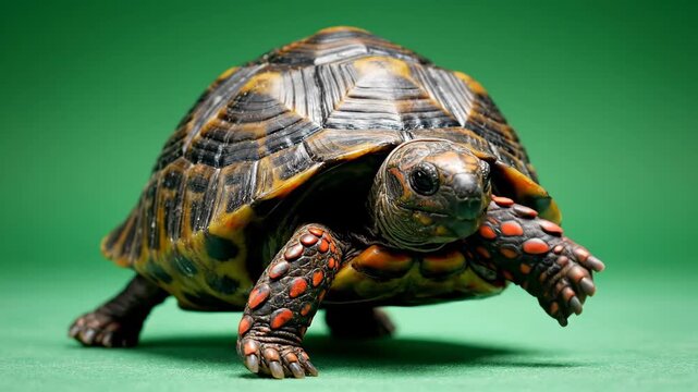 A close-up studio shot of a red-footed tortoise walking forward on a green background, showcasing its intricate shell and scaly legs