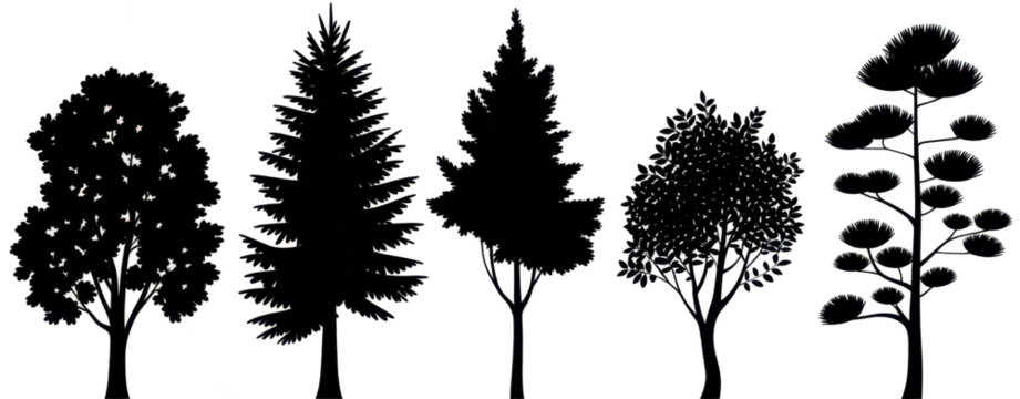 Realistic trees in black and white color, nature park silhouette icons. Different trees and shrubs of coniferous and deciduous forest with grass meadows. png on transparent background - Powered by Adobe