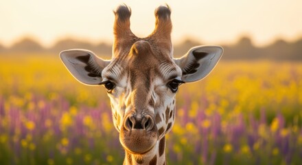 A close-up of a giraffe's face against a backdrop of vibrant wildflowers at sunset. The giraffe's large eyes and distinct markings create a serene and peaceful scene.