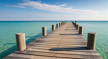 A tranquil wooden pier stretches over a serene, turquoise beach. Beneath a clear, blue sky with wispy clouds, this peaceful scene offers a relaxing escape to a tropical paradise.
