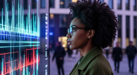 A woman in glasses observes futuristic data displays, set against a modern city backdrop, reflecting her focused interest in the technological scene.