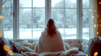 Cozy winter moment with a woman wrapped in a warm knit blanket sitting on a sofa and looking out a large window at a snowy landscape, soft lights creating a peaceful home atmosphere