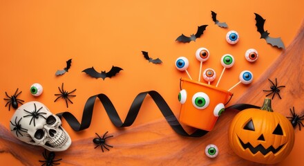 Assortment of vibrant Halloween decorations - pumpkin, skull, bats, spiders, creating a playful, spooky atmosphere against an orange background.