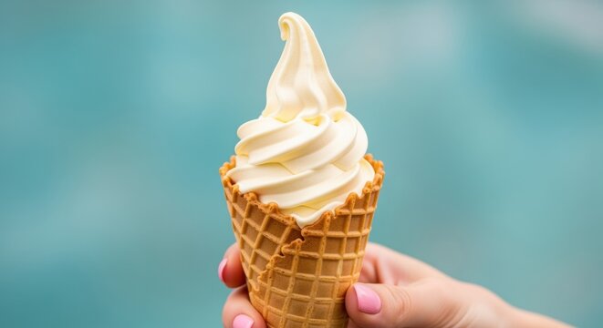 A hand holds a creamy vanilla soft serve ice cream in a waffle cone against a teal backdrop. The swirled ice cream is an appetizing summer treat.