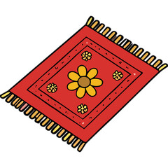 A Red And Yellow Rectangle Shaped Carpet With Floral Patterns And Tassels On A Black Background