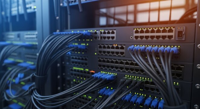 Closeup of a data center server rack filled with network switches and ethernet cables. Illuminated indicator lights create a futuristic tech atmosphere. - Powered by Adobe