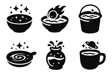 Astral Cleansing Icons. Solid style icons of astral cleansing: stardust basin, meteor-water bowl, cosmic wash vessel, interstellar